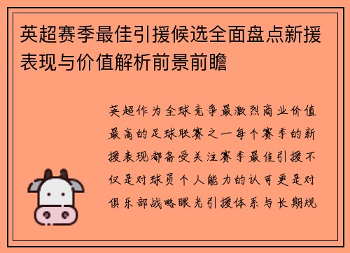 英超赛季最佳引援候选全面盘点新援表现与价值解析前景前瞻 英超赛季最佳引援候选全面盘点新援表现与价值解析前景前瞻