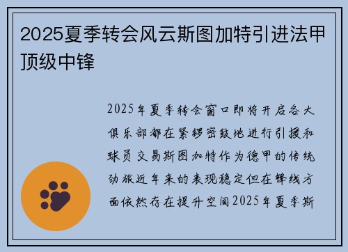 2025夏季转会风云斯图加特引进法甲顶级中锋